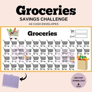 Può includere: Un modello di tracciamento della sfida di risparmio sulla spesa stampabile con un design in bianco e nero. Il tracciamento presenta 49 carrelli della spesa e una borsa della spesa piena di prodotti. Il testo "Groceries Savings Challenge" e "A6 Cash Envelopes" è stampato nella parte superiore del tracciamento. Il testo "Groceries" è stampato in un carattere più grande sotto il titolo. Il testo "Goal" è stampato sul lato destro del tracciamento. Ci sono due righe vuote sotto la parola "Goal".