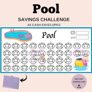 May include: Printable Pool Savings Challenge with 36 circles to track savings goals. The printable features a cartoon pool with a flamingo float and a beach ball. The text "Pool" is written in black at the top of the printable. The text "Goal" is written in black on the right side of the printable.