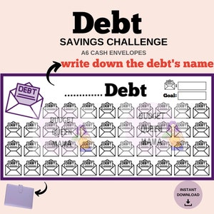 Op de afbeelding: Een printbare spaaruitdaging voor schulden met een raster van 48 enveloppen met het label "Schuld". De printbare is ontworpen om mensen te helpen geld te sparen om schulden af te betalen. De printbare bevat een ruimte om de naam van de schuld en het doelbedrag in te vullen.
