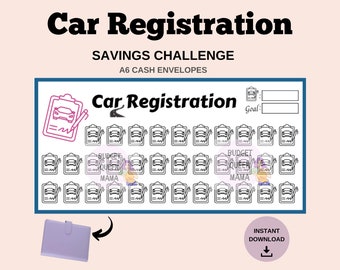 May include: A printable A6 cash envelope savings challenge tracker for car registration. The tracker features 36 car icons to colour in as you save. The tracker also includes a goal section and a space to write "Budget Queen Mama".