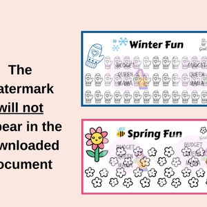 May include: Two printable charts for tracking goals. The first chart is blue and features a winter theme with mittens. The second chart is pink and features a spring theme with flowers. Both charts have space for a goal, budget, queen, teen, and mama.