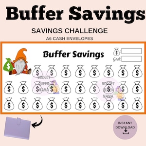Könnte beinhalten: Ein druckbarer A6-Spar-Tracker mit Bargeldumschlägen mit einem Cartoon-Zwerg, der einen Geldbeutel hält. Der Tracker hat 30 Geldbeutel-Symbole zum Ausmalen, während du sparst. Der Text auf dem Tracker lautet "Buffer Savings" und "Savings Challenge".
