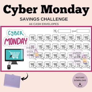 May include: A printable A6 cash envelope tracker for a Cyber Monday savings challenge. The tracker features a computer screen with a shopping cart icon and a mouse. There are 36 shopping cart icons to track savings.