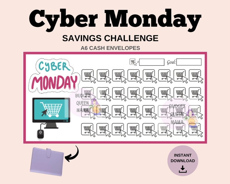 May include: A printable A6 cash envelope tracker for a Cyber Monday savings challenge. The tracker features a computer screen with a shopping cart icon and a mouse. There are 36 shopping cart icons to track savings.