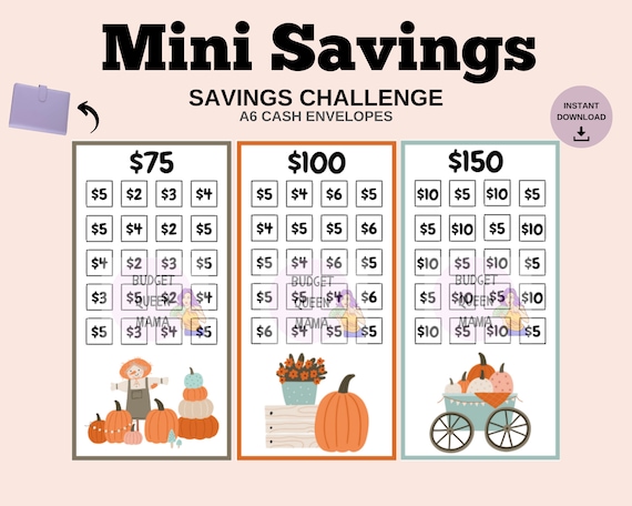 Mini Savings Challenge Bundle - Fall Savings Bundle - A6 Cash Envelopes - a6 Savings Bundle - Low Income Savings A6 - Budget Binder Insert