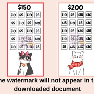 May include: Two printable bingo cards with different dollar amounts. The card on the left has &pound;150 and the card on the right has &pound;200. Each card has a grid of 16 squares with different dollar amounts in each square. The card on the left has a black and white cat with a red bow and polka dot bandana. The card on the right has a white cat with a red scarf.