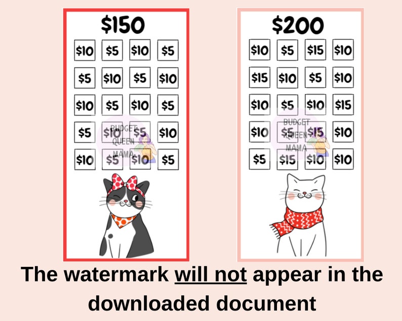 May include: Two printable bingo cards with different dollar amounts. The card on the left has &pound;150 and the card on the right has &pound;200. Each card has a grid of 16 squares with different dollar amounts in each square. The card on the left has a black and white cat with a red bow and polka dot bandana. The card on the right has a white cat with a red scarf.