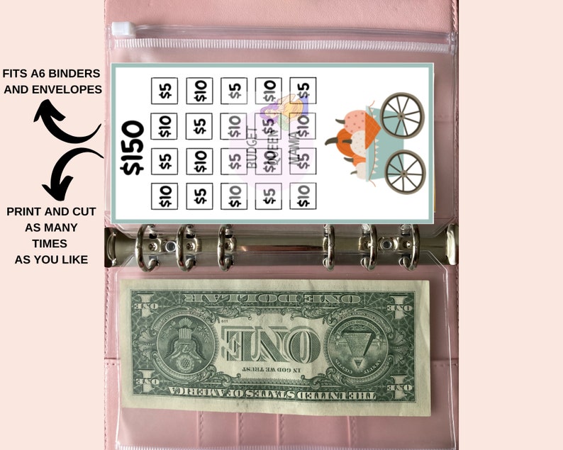 Puede incluir: Un bolsillo de pl&aacute;stico transparente con una hoja de presupuesto de $ 150 en su interior. La hoja tiene una cuadr&iacute;cula de cuadrados con cantidades en d&oacute;lares escritas en cada cuadrado. La hoja tambi&eacute;n tiene una peque&ntilde;a ilustraci&oacute;n de un carro con calabazas y calabacines. El bolsillo est&aacute; en una carpeta rosa.