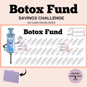 Könnte beinhalten: Ein druckbarer Spar-Challenge-Tracker mit einer Cartoon-Spritze und dem Text "Botox Fund" und "Budget Queen Mama". Der Tracker hat 40 Felder zum Sparen, mit einem Zielbereich oben.
