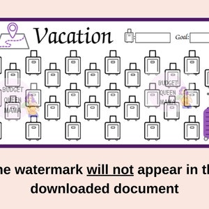 May include: A printable vacation tracker with a map, suitcases, and a goal section. The tracker features a grid of 25 suitcases to color in as you save for your trip.