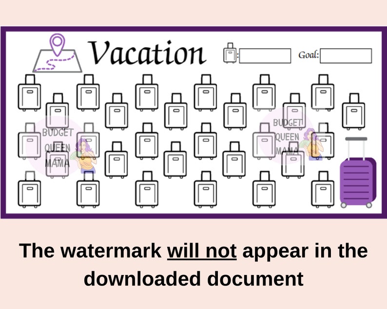 May include: A printable vacation tracker with a map, suitcases, and a goal section. The tracker features a grid of 25 suitcases to color in as you save for your trip.