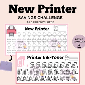 Op de afbeelding: Een digitale download met twee spaaruitdagingsjablonen: "New Printer" en "Printer Ink-Toner". Elke sjabloon heeft een roze rand en bevat illustraties met printerthema's en ruimtes om spaardoelen bij te houden. Een paarse A6-envelop is ook afgebeeld.