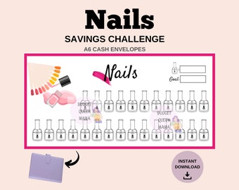 Op de afbeelding: Een printbare A6-spaaruitdagingstracker met een nagellakthema. De tracker heeft 30 nagellakflesjes om in te kleuren terwijl je geld spaart. De tekst op de tracker luidt "Nails Savings Challenge" en "Budget Queen Mama".