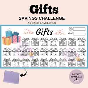 May include: A printable A6 cash envelope savings challenge tracker with a gift theme. The tracker has 30 gift boxes to colour in as you save for gifts. The text on the tracker says "Gifts Savings Challenge A6 Cash Envelopes".