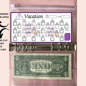 May include: A printable vacation tracker with a purple suitcase, a map, and 24 suitcase icons. The tracker is designed to fit A6 binders and envelopes. The text on the tracker says "Vacation" and "Goal:".
