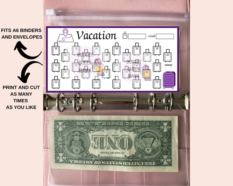 May include: A printable vacation tracker with a purple suitcase, a map, and 24 suitcase icons. The tracker is designed to fit A6 binders and envelopes. The text on the tracker says "Vacation" and "Goal:".