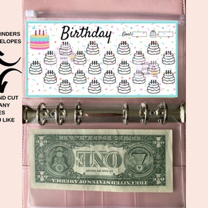 May include: Printable birthday tracker with a colorful cake design and confetti. The tracker has 30 spaces to track progress towards a goal. The tracker is designed to fit A6 binders and envelopes.