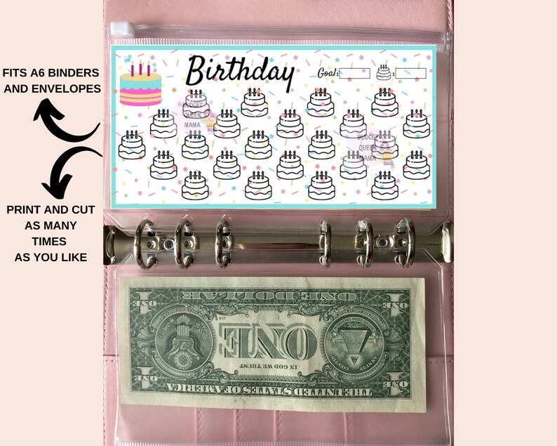May include: Printable birthday tracker with a colorful cake design and confetti. The tracker has 30 spaces to track progress towards a goal. The tracker is designed to fit A6 binders and envelopes.