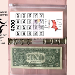 May include: A printable cash envelope system featuring a cute cat illustration. The envelope system is designed to fit A6 binders and envelopes. The printable sheet includes a grid of squares with different dollar amounts, such as &pound;5, &pound;10, and &pound;15. The text "&pound;200" is printed at the top of the sheet. The text "PRINT AND CUT AS MANY TIMES AS YOU LIKE" is printed on the left side of the sheet.