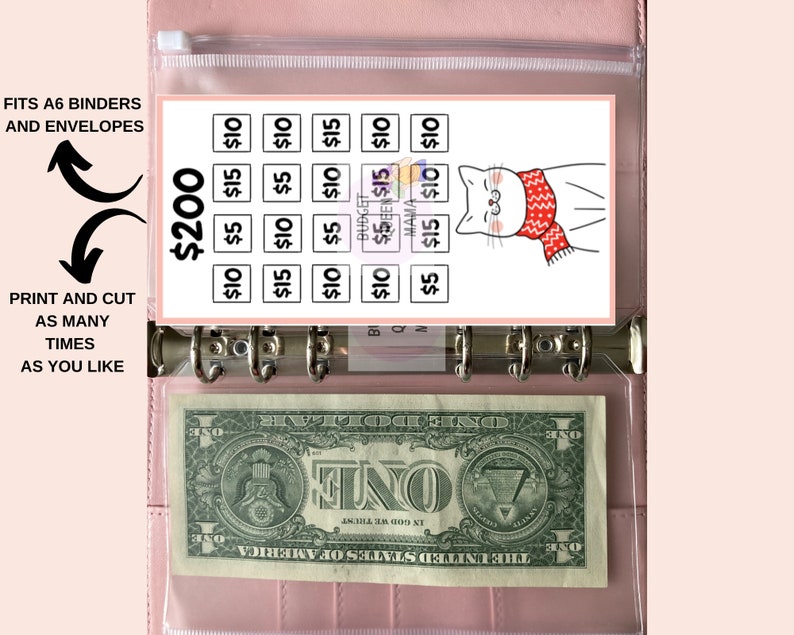 May include: A printable cash envelope system featuring a cute cat illustration. The envelope system is designed to fit A6 binders and envelopes. The printable sheet includes a grid of squares with different dollar amounts, such as &pound;5, &pound;10, and &pound;15. The text "&pound;200" is printed at the top of the sheet. The text "PRINT AND CUT AS MANY TIMES AS YOU LIKE" is printed on the left side of the sheet.