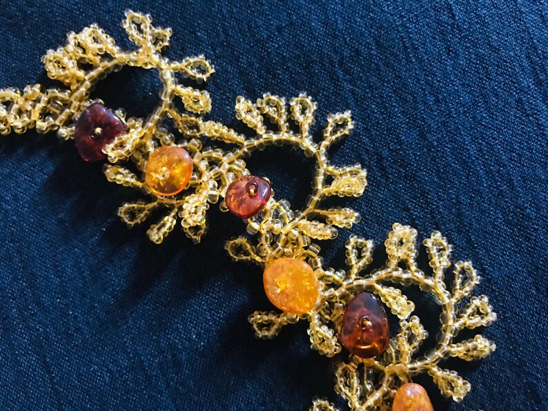 Genuine Czech Amber Beaded Gold Tone Garland Choker Necklace New Vintage