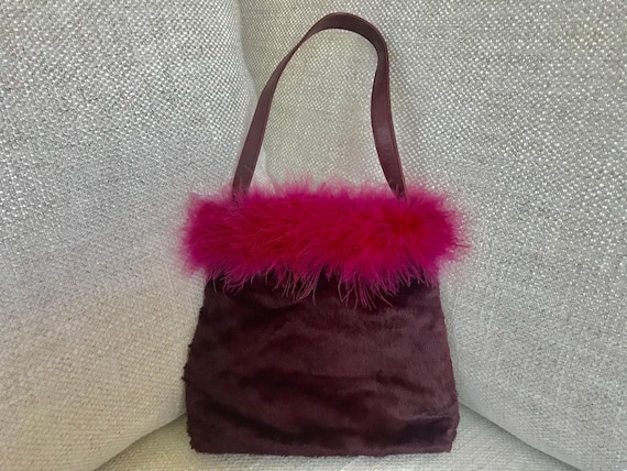 FARFALLA Faux Fur Feather Boa Handbag in Burgundy… - image 1