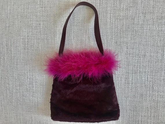 FARFALLA Faux Fur Feather Boa Handbag in Burgundy… - image 2