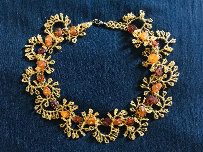 Genuine Czech Amber Beaded Gold Tone Garland Choker Necklace New Vintage