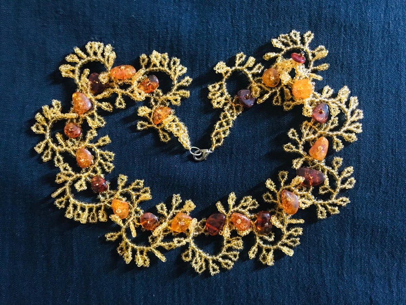 Genuine Czech Amber Beaded Gold Tone Garland Choker Necklace New Vintage