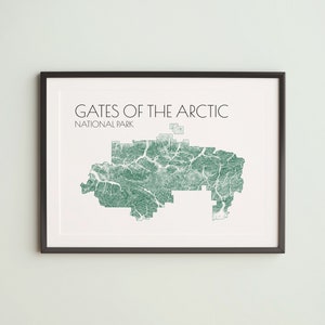 Gates of the Arctic National Park Print, 5x7 or 8x10 inch, topographic contour map, NPS home décor, green, by Elevated Map Design on Etsy