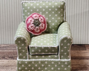 1:24-scale Sage-Green-and-White-Polka-Dot Upholstered Chair with Pillow