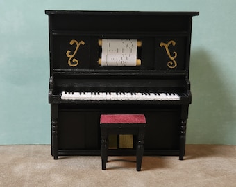 Hand-crafted 1:24 Scale Miniature "Player" Piano with Seat