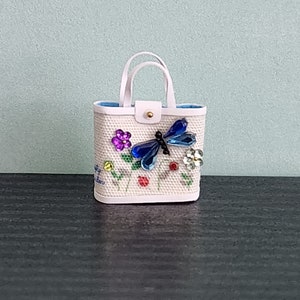 1:24 Scale Miniature Jeweled Purse - Blue Dragonfly Garden (Purple and Green Flowers)