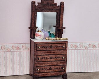 Vintage 1:24 Scale Miniature Eastlake Dresser with Mirror and Accessories