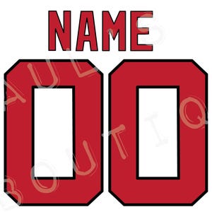 May include: Red and black sports jersey template with the word "NAME" at the top and the number "00" in the center.
