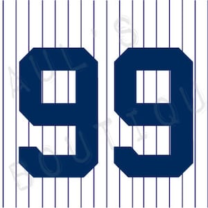 May include: A white baseball jersey with blue pinstripes and the number 99 in navy blue.
