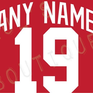 May include: Red and white hockey jersey with the number 19 and the text "ANY NAME" on the front. The jersey has a red winged logo on the left side.