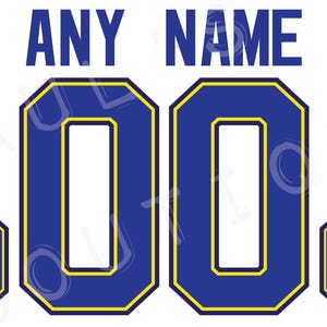 May include: A white jersey with the text "ANY NAME" and the number "00" in blue with a yellow outline.