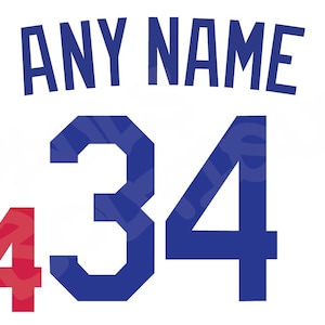 May include: A white background featuring the text "ANY NAME" in blue, above the number "34" in blue and red. The number "34" is repeated in red and blue, creating a layered effect. The design is simple and bold.