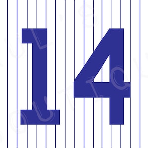 May include: A white baseball jersey with blue vertical stripes and the number "14" in blue. A red circle with a black bear is in the bottom right corner.