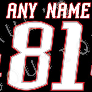 May include: A black and white jersey with the number 81 in large white letters with a red outline. The text "ANY NAME" is above the number in white letters with a red outline.