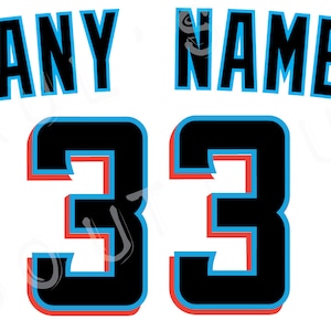 May include: White graphic with the text "ANY NAME" in blue, and the number "33" in black with red and blue outlines. The Miami Marlins logo is in the bottom right corner.