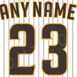 May include: Baseball jersey design with the text "ANY NAME" above the number "23". The jersey has a white background with brown vertical stripes. The text and numbers are brown with a gold outline.