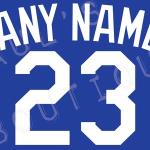May include: A blue sports jersey graphic featuring the white text ANY NAME arched over a large white number 23. Two smaller red numbers 2 and 3 are positioned on the left and right sides respectively. The design has a blue background.