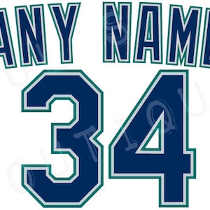 May include: A white graphic with the text "ANY NAME" above the number "34". The text and numbers are navy blue with teal outlines. A team logo is in the lower right corner.