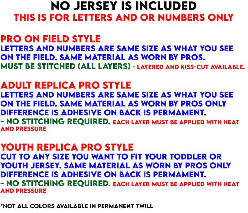 Puede incluir: Texto que explica diferentes estilos de letras y n&uacute;meros para camisetas. El texto dice "No se incluye ninguna camiseta. Esto es solo para letras y/o n&uacute;meros." El texto tambi&eacute;n dice "Estilo de campo profesional", "Estilo de r&eacute;plica profesional para adultos" y "Estilo de r&eacute;plica profesional para j&oacute;venes".