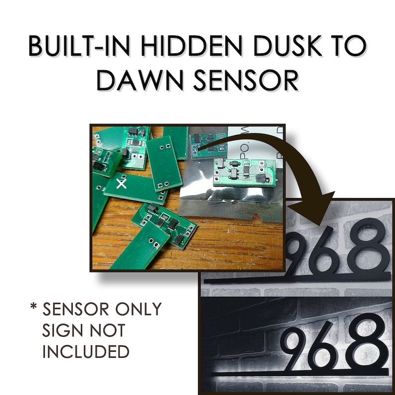 May include: Close-up of a green circuit board with a built-in dusk to dawn sensor. The text "SENSOR ONLY SIGN NOT INCLUDED" is written below the image.
