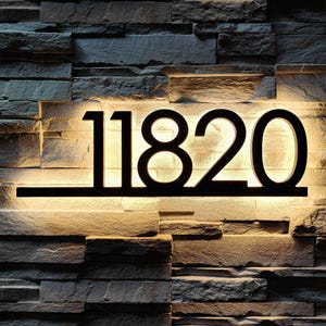 Backlit house numbers sign with color changing dimmable LED for modern mid century home address glowing lit up reverse lighting effect