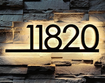 Backlit house numbers sign with color changing dimmable LED for modern mid century home address glowing lit up reverse lighting effect