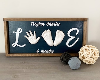 Baby hand and feet casting - LOVE wood sign- baby hand print and footprint - nursery decor - DIY casting kit - custom newborn infant gift